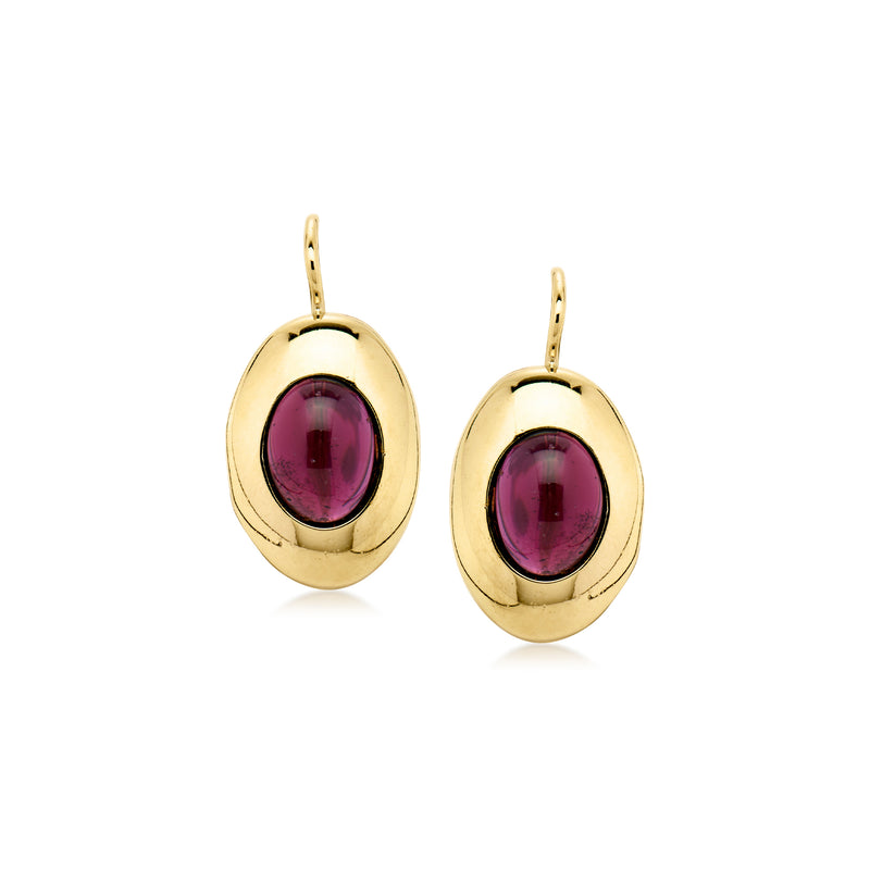 14kt yellow gold oval drop earrings with purple garnet stones, leverback closure