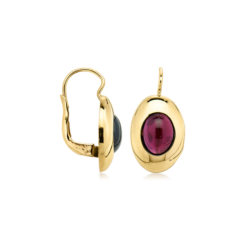 14kt yellow gold oval drop earrings with purple garnet, shown with leverback clasp