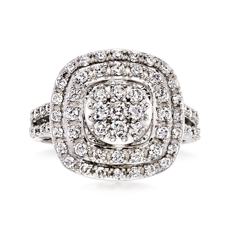 Vintage 14kt white gold diamond cluster ring with square halo and split shank