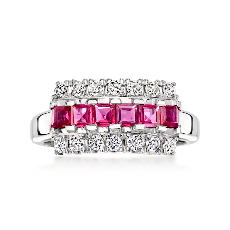 Platinum vintage ring with rectangular pink ruby center and diamond border rows