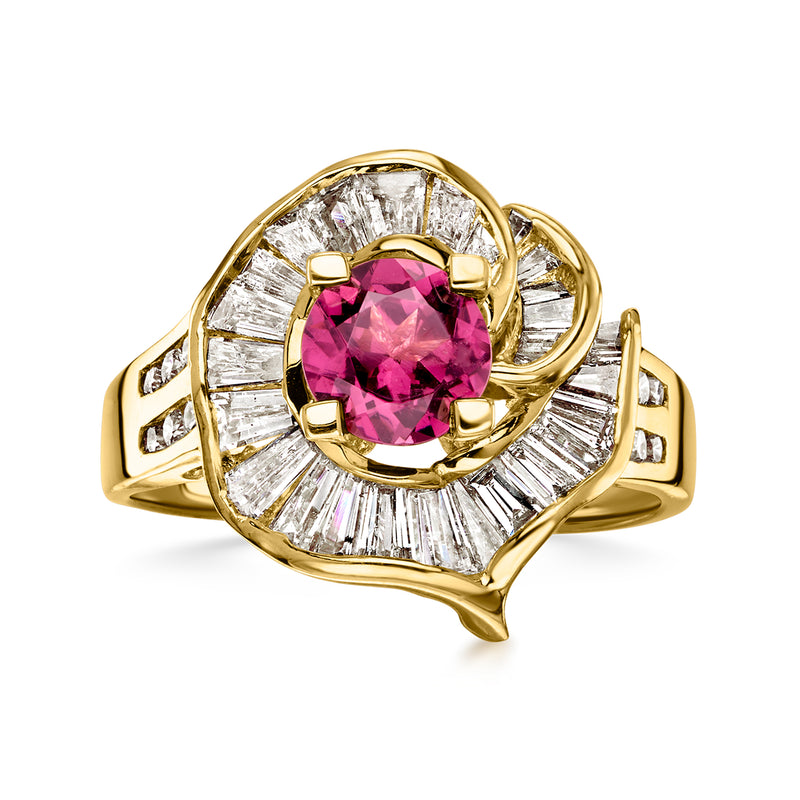 C. 1990 Vintage .65 Carat Rhodolite Garnet Swirl Ring with 1.10 ct. t.w. Diamonds in 18kt Yellow Gold. Size 6.25