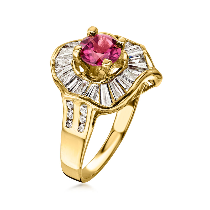 C. 1990 Vintage .65 Carat Rhodolite Garnet Swirl Ring with 1.10 ct. t.w. Diamonds in 18kt Yellow Gold. Size 6.25