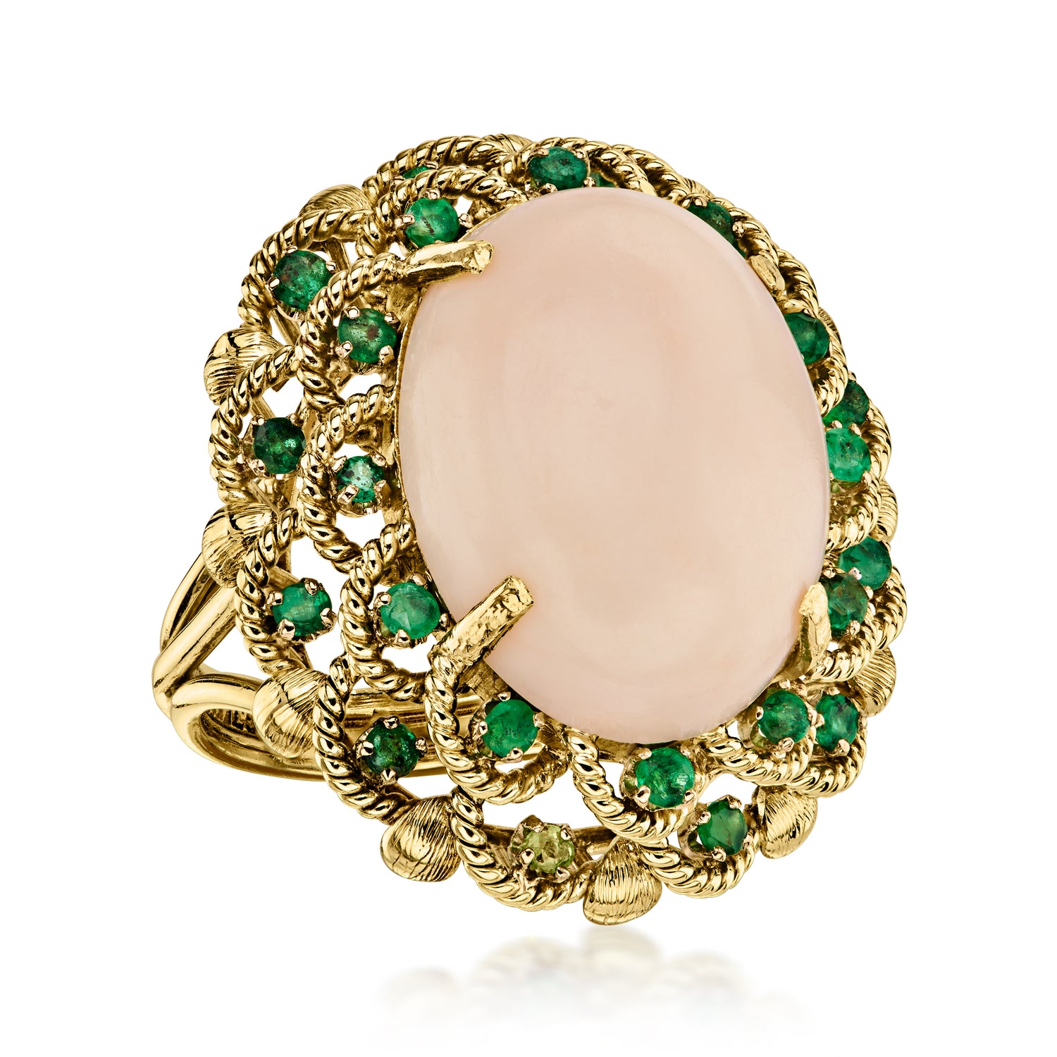 Pre-owned Ross-simons C. 1970 Vintage Pink Coral Ring With .75 Ct. T.w. Emeralds In 14kt Yellow Gold