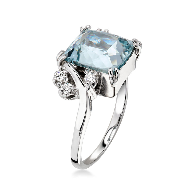 Vintage aquamarine and diamond ring, side view with marquise accents in 14kt white gold