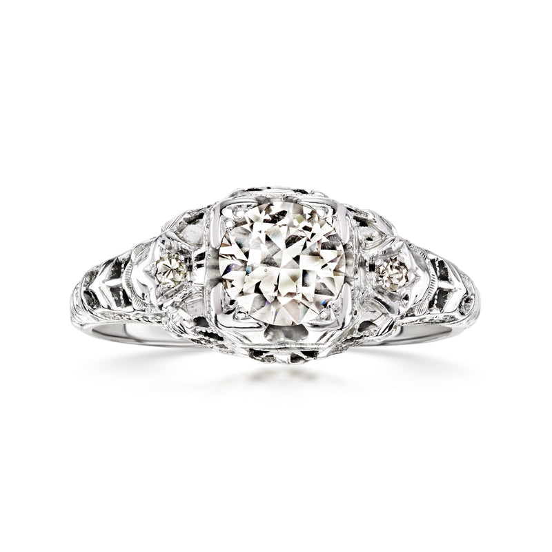 Vintage white gold diamond filigree ring with large cushion-cut center stone