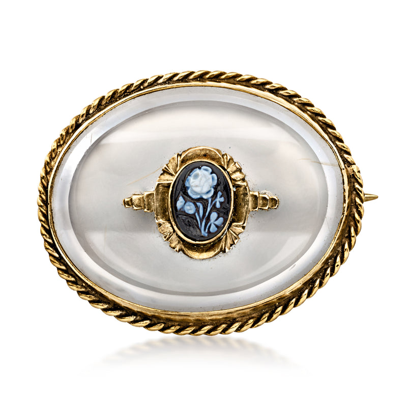 C. 1986 Vintage 21.00 Carat Rock Crystal Flower Cameo Pin in 9kt Yellow Gold with Black Agate and British Hallmark