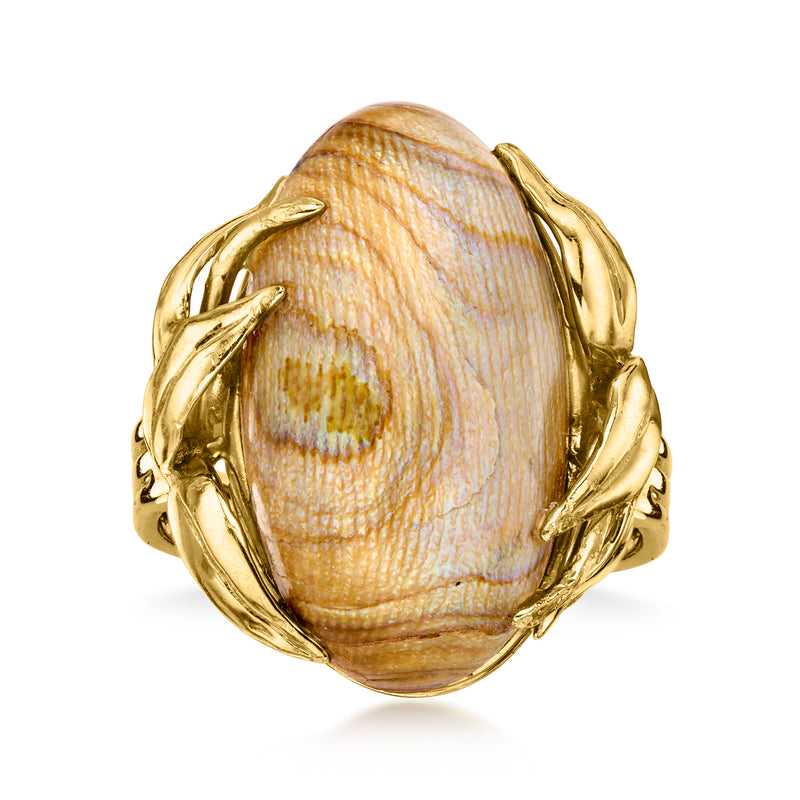 C. 1970 Vintage Brown Abalone Shell Leaf Ring in 14kt Yellow Gold. Size 8