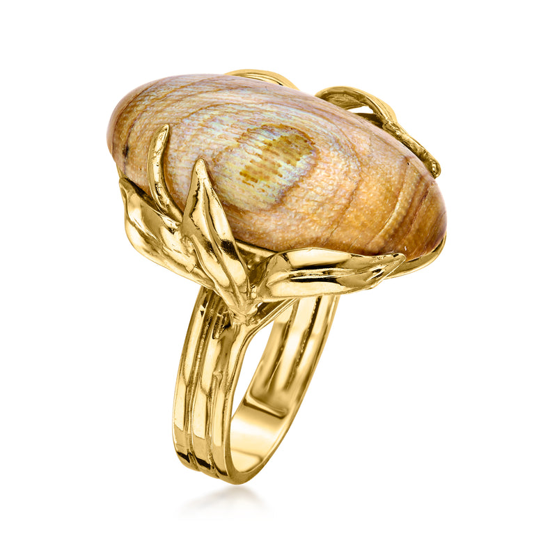 C. 1970 Vintage Brown Abalone Shell Leaf Ring in 14kt Yellow Gold. Size 8