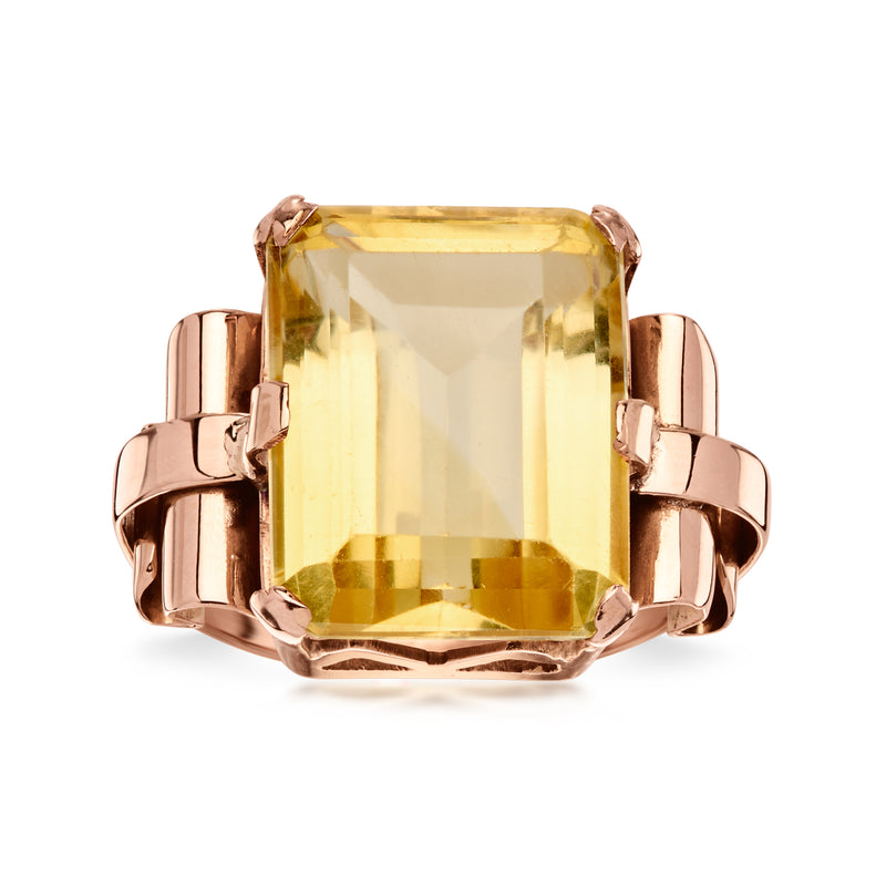 Vintage rose gold ring with large rectangular yellow citrine gemstone in prong setting