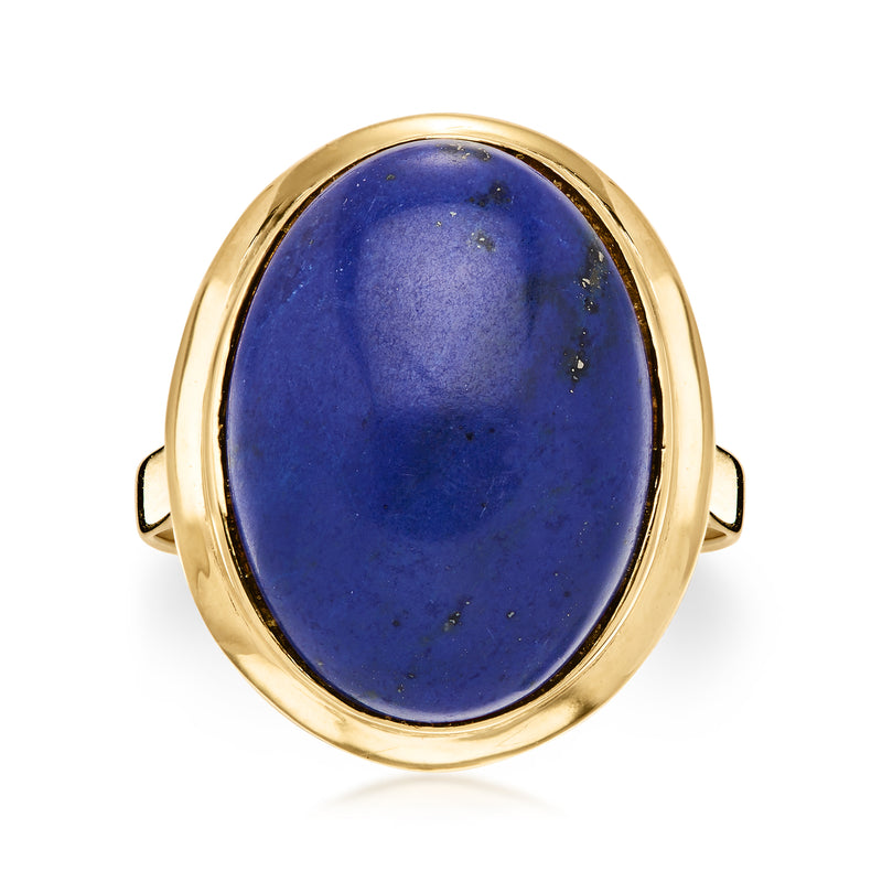 Oval lapis ring in 14kt yellow gold with blue gemstone cabochon, raised bezel