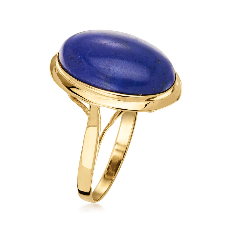 Oval blue lapis cabochon ring in 14kt yellow gold, side profile view