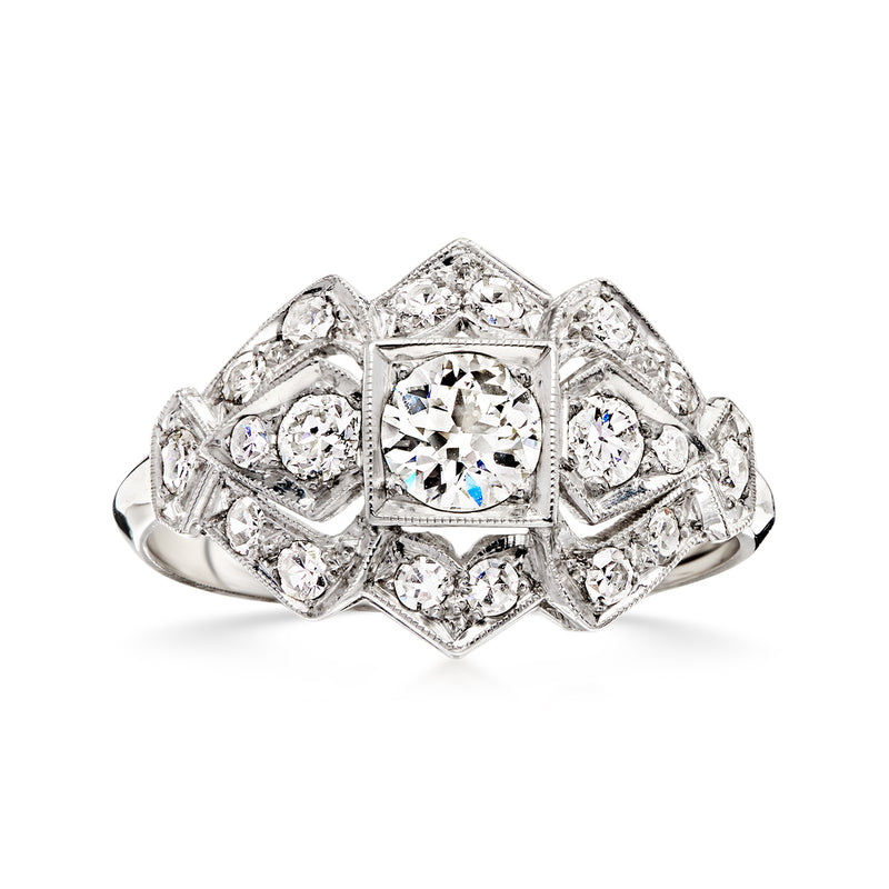 Vintage platinum diamond ring with center square stone and round diamond halo