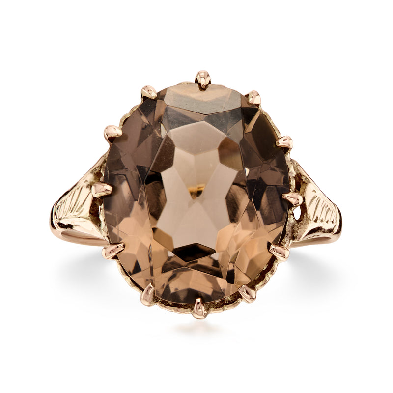 10kt yellow gold vintage-style ring with large oval smoky quartz gemstone