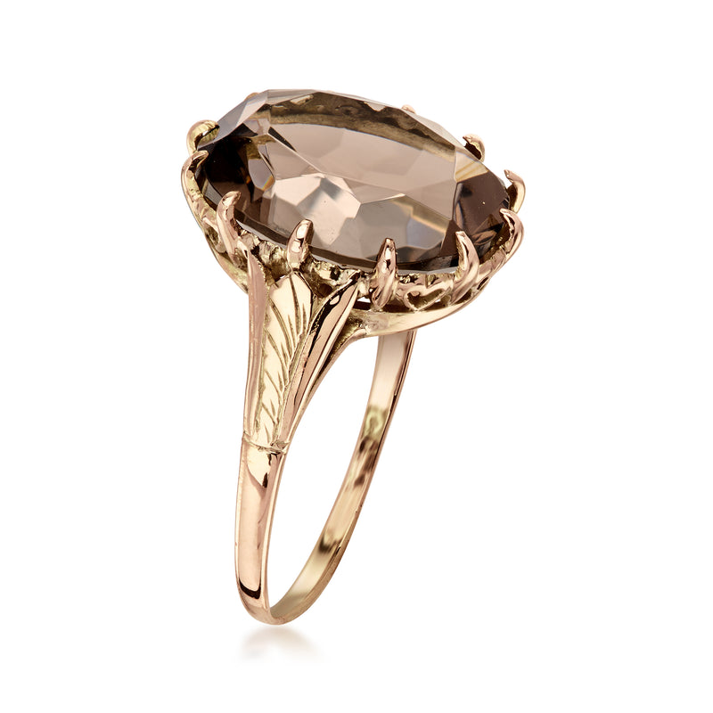 10kt yellow gold oval smoky quartz ring, side view of prong setting