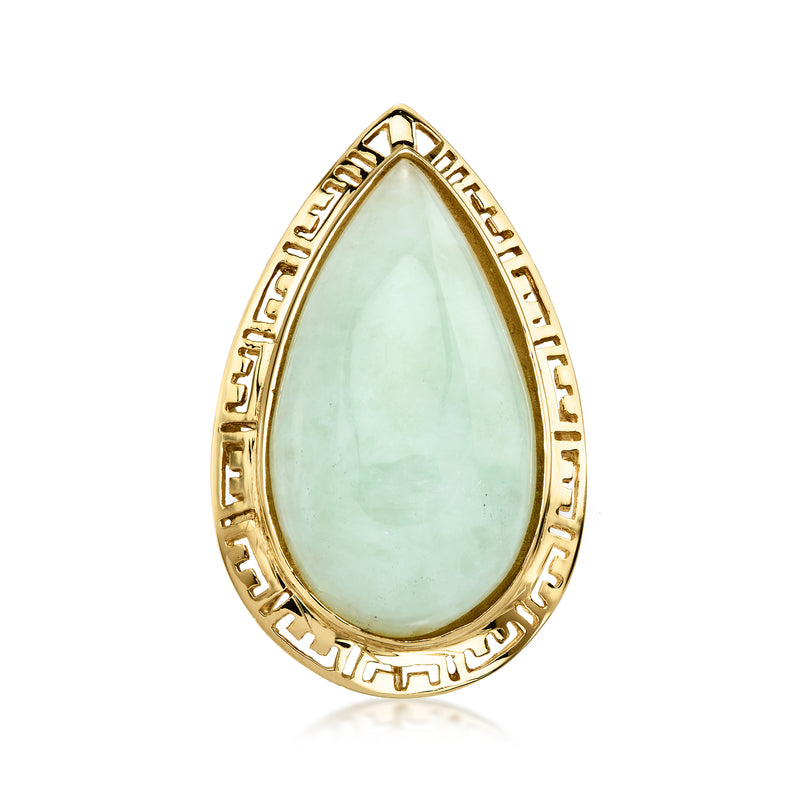Vintage jade Greek key ring in 14kt yellow gold, teardrop bezel with green stone