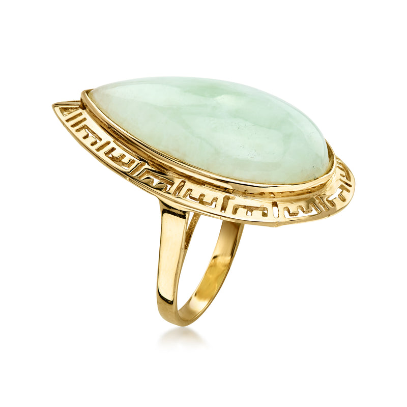 Vintage jade Greek key ring in 14kt yellow gold, green stone top with Greek key border
