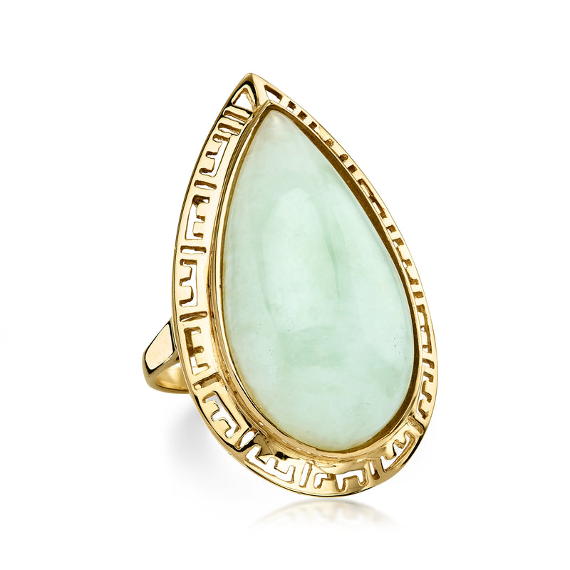 Vintage jade Greek key ring in 14kt yellow gold, angled teardrop green stone setting