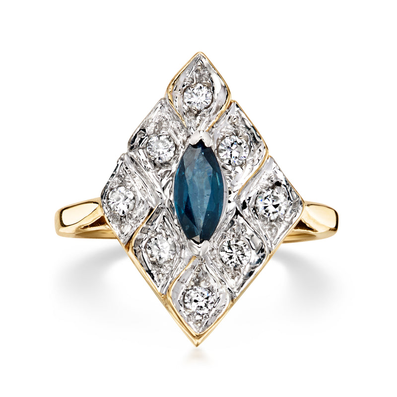 Two-tone gold marquise sapphire and diamond halo ring, square openwork bezel