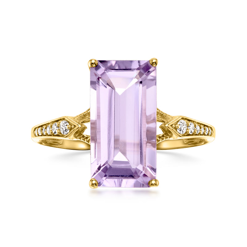 14kt yellow gold ring with rectangular amethyst center and diamond side accents