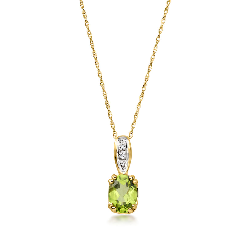 14kt yellow gold peridot pendant necklace with oval green stone and diamond halo