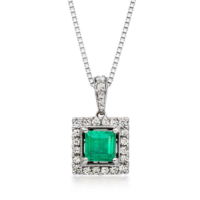 Square emerald pendant necklace with diamond halo, white gold chain