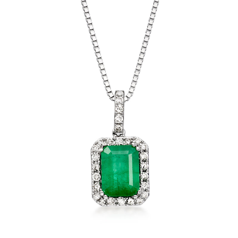 14kt white gold pendant necklace: square emerald center with diamond halo