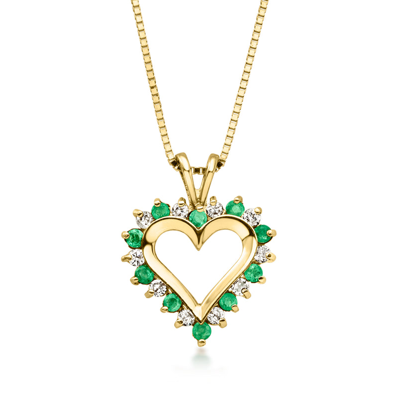 Heart pendant necklace in 14kt yellow gold with emerald green stones and diamond accents