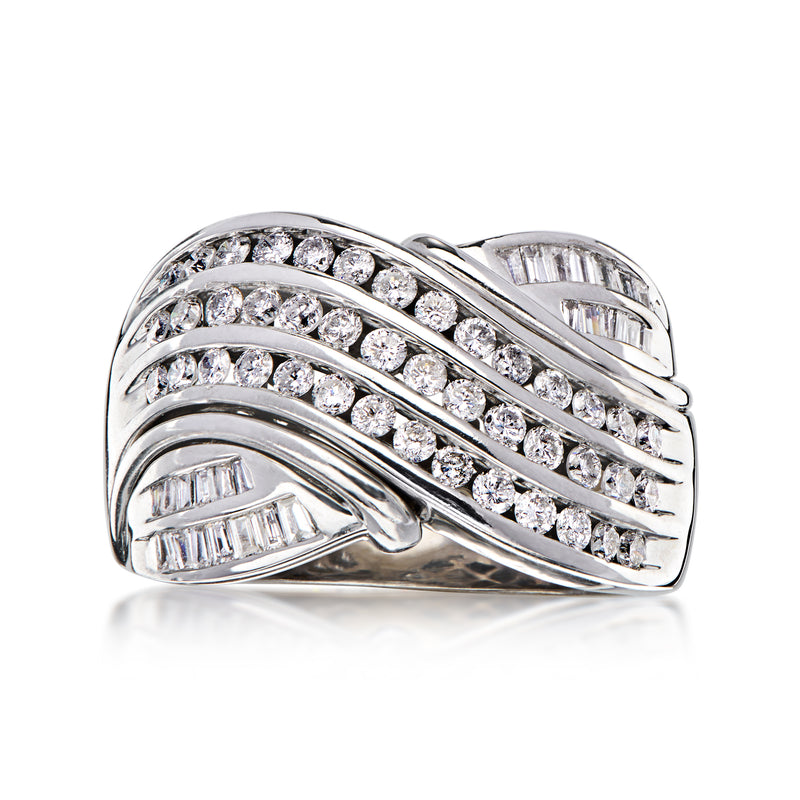 C. 1980 Vintage 1.26 ct. t.w. Diamond Crisscross Ring in 14kt White Gold. Size 7
