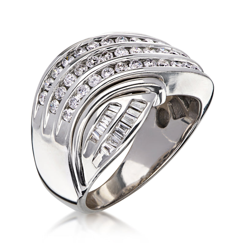C. 1980 Vintage 1.26 ct. t.w. Diamond Crisscross Ring in 14kt White Gold. Size 7