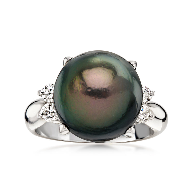 C. 1990 Vintage 12mm Black Cultured Pearl Ring with .20 ct. t.w. Diamonds in Platinum. Size 5.75