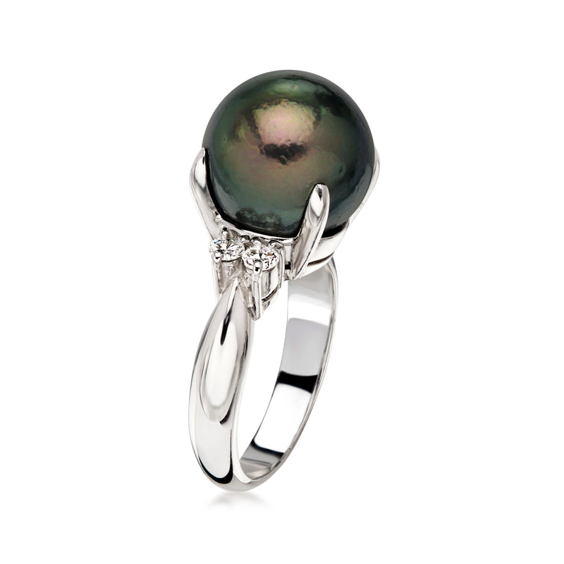 C. 1990 Vintage 12mm Black Cultured Pearl Ring with .20 ct. t.w. Diamonds in Platinum. Size 5.75