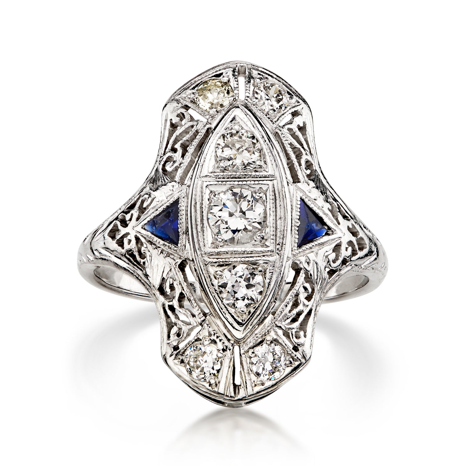 C. 1950 Vintage .55 ct. t.w. Diamond Dinner Ring with .10 ct. t.w. Synthetic Sapphires in 18kt White Gold