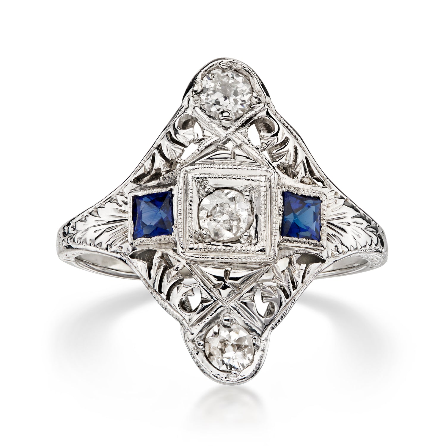 C. 1980 Vintage .27 ct. t.w. Diamond Dinner Ring with .24 ct. t.w. Synthetic Sapphires in 18kt White Gold