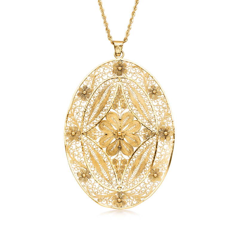 18kt yellow gold oval floral filigree pendant on chain