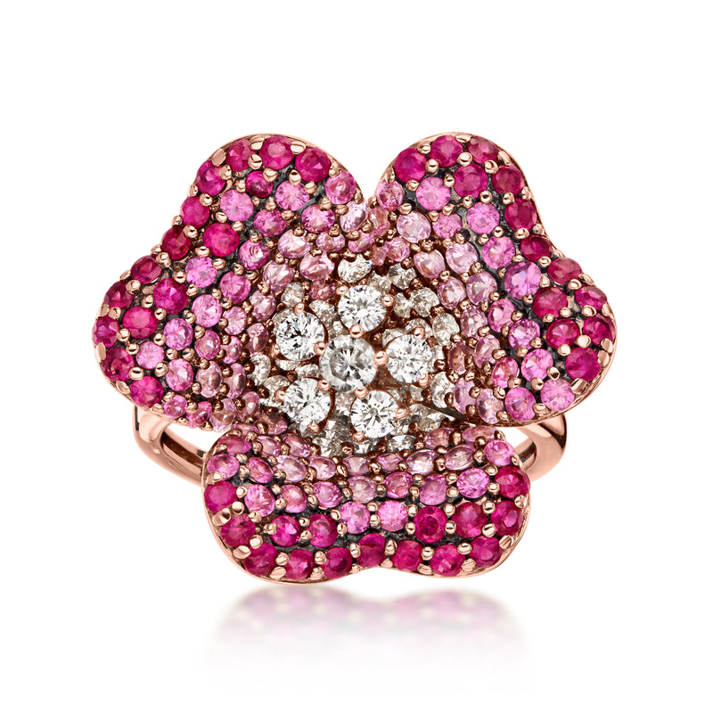 C. 2000 Vintage 1.80 ct. t.w. Pink Sapphire and .65 ct. t.w. Diamond Flower Ring in 14kt Rose Gold. Size 6