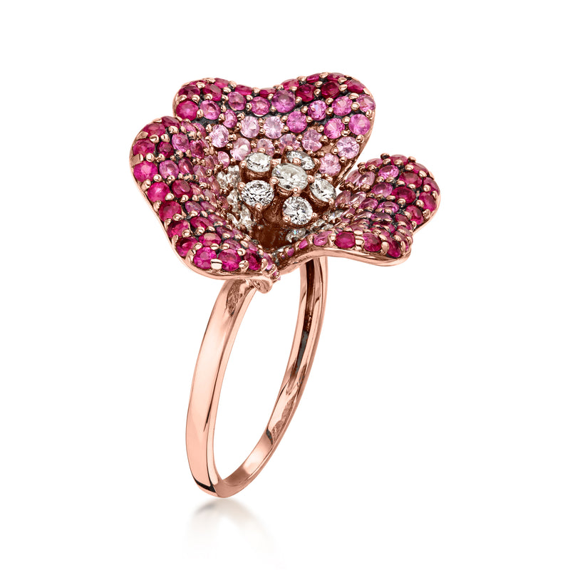 C. 2000 Vintage 1.80 ct. t.w. Pink Sapphire and .65 ct. t.w. Diamond Flower Ring in 14kt Rose Gold. Size 6