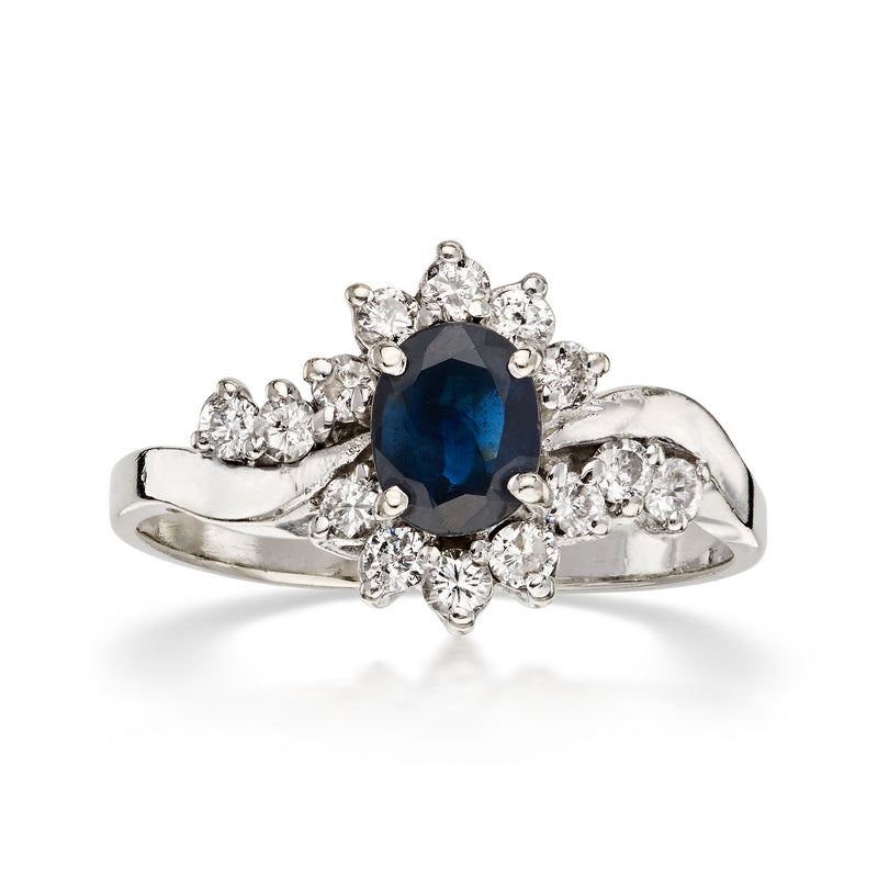 C. 1990 Vintage .58 Carat Sapphire Ring with .42 ct. t.w. Diamonds in 14kt White Gold. Size 7