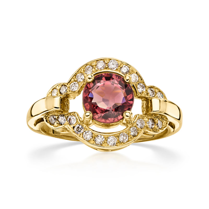 C. 1980 Vintage 1.35 Carat Pink Tourmaline Ring with .50 ct. t.w. Diamonds in 14kt Yellow Gold. Size 8