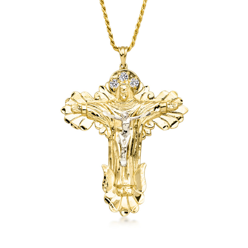 10kt yellow gold diamond crucifix pendant necklace with round stone halo
