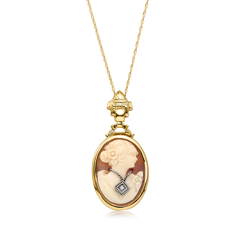14kt yellow gold cameo pendant necklace with oval brown shell and single diamond