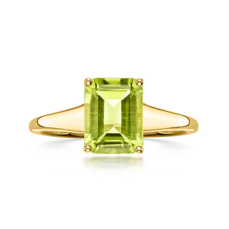 14kt yellow gold peridot ring, square emerald-cut green gemstone