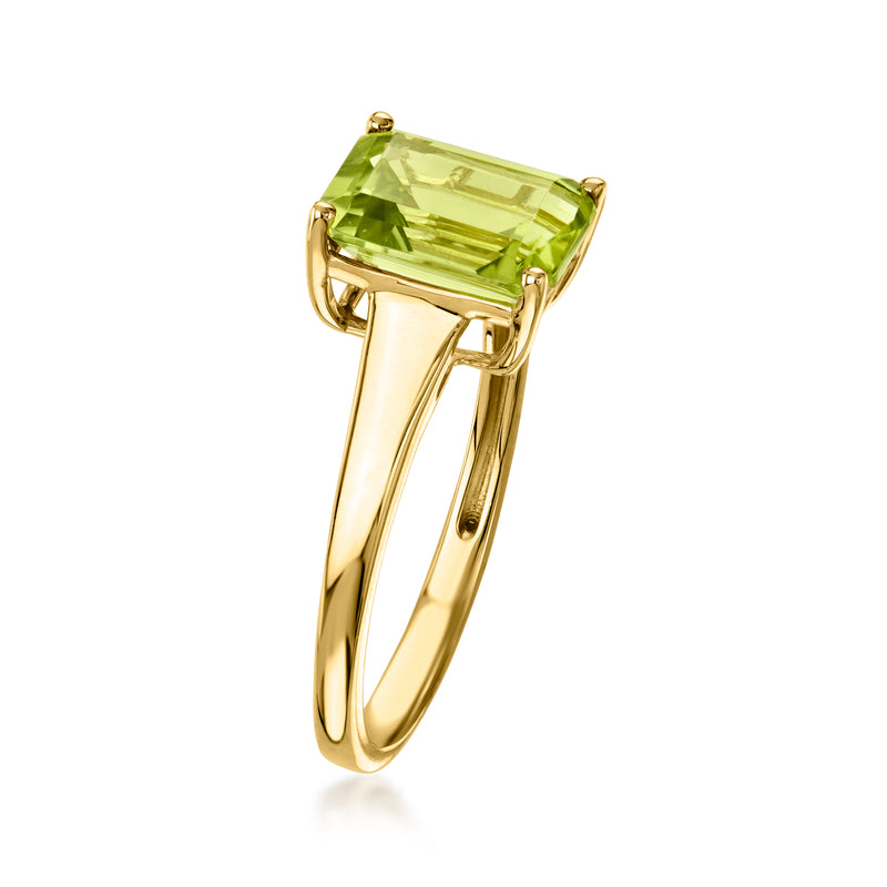 14kt yellow gold peridot ring with raised square emerald-cut green gemstone, side view