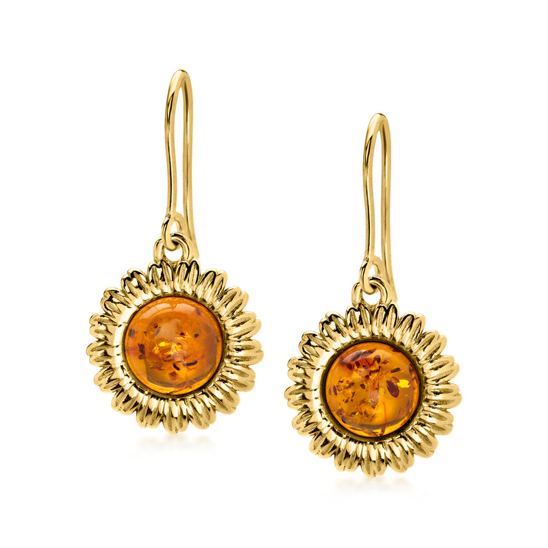 Sunflower drop earrings with amber center cabochon and gold-toned petal frame