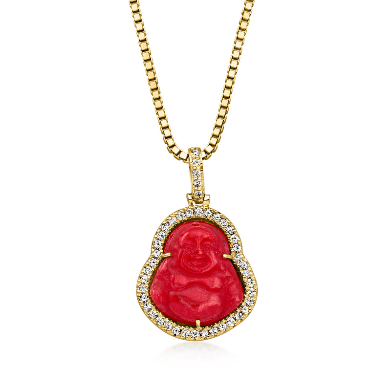 Red jade Buddha pendant necklace with diamond halo in yellow gold, box chain