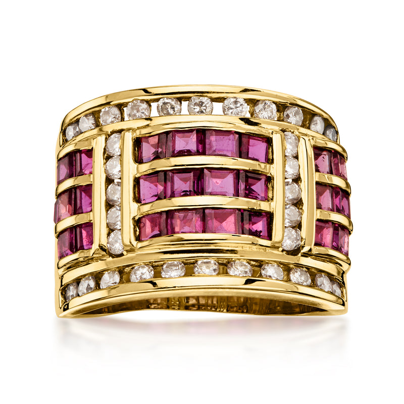 C. 1980 Vintage 3.00 ct. t.w. Ruby and .85 ct. t.w. Diamond Multi-Row Ring in 14kt Yellow Gold. Size 8