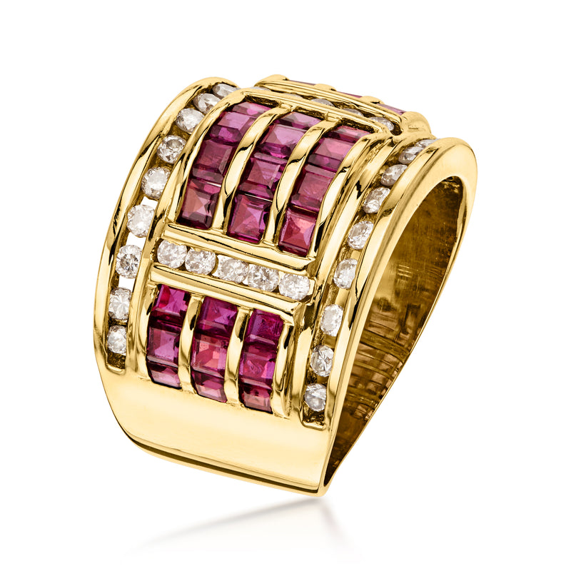 C. 1980 Vintage 3.00 ct. t.w. Ruby and .85 ct. t.w. Diamond Multi-Row Ring in 14kt Yellow Gold. Size 8