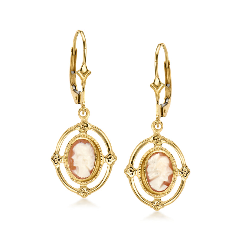 14kt yellow gold oval shell cameo drop leverback earrings