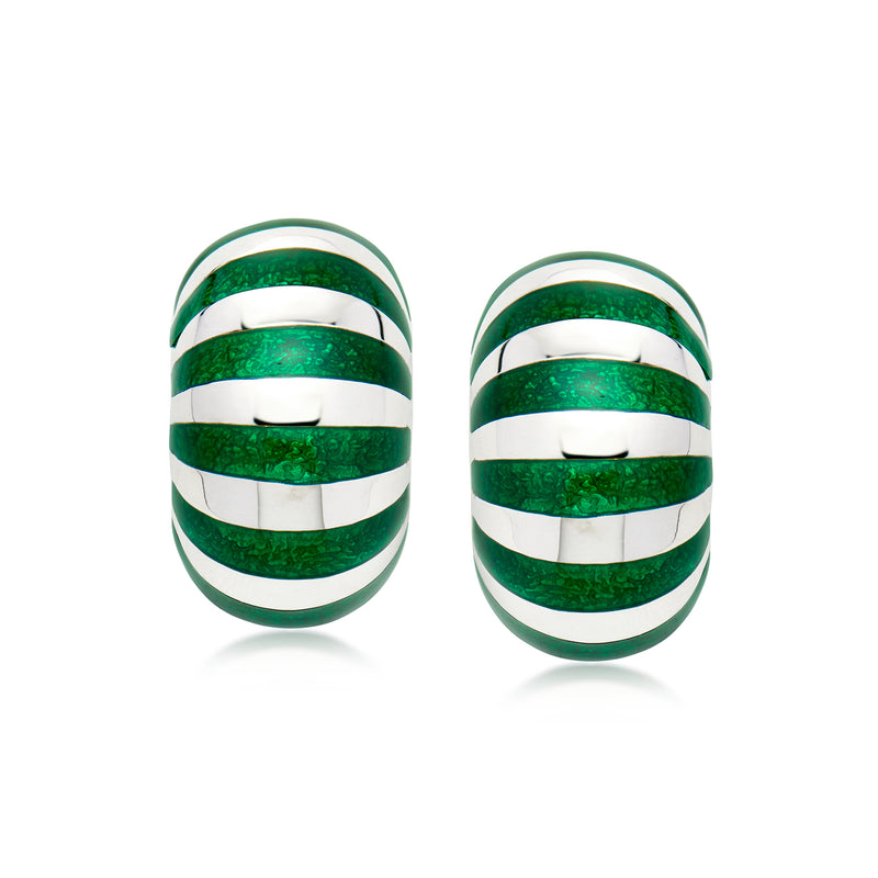 Sterling silver clip/post earrings with green enamel striped bands