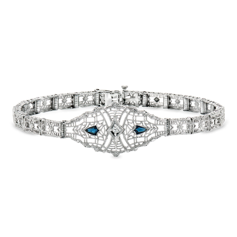 Vintage 14kt white gold bracelet with blue simulated sapphire and single diamond accent