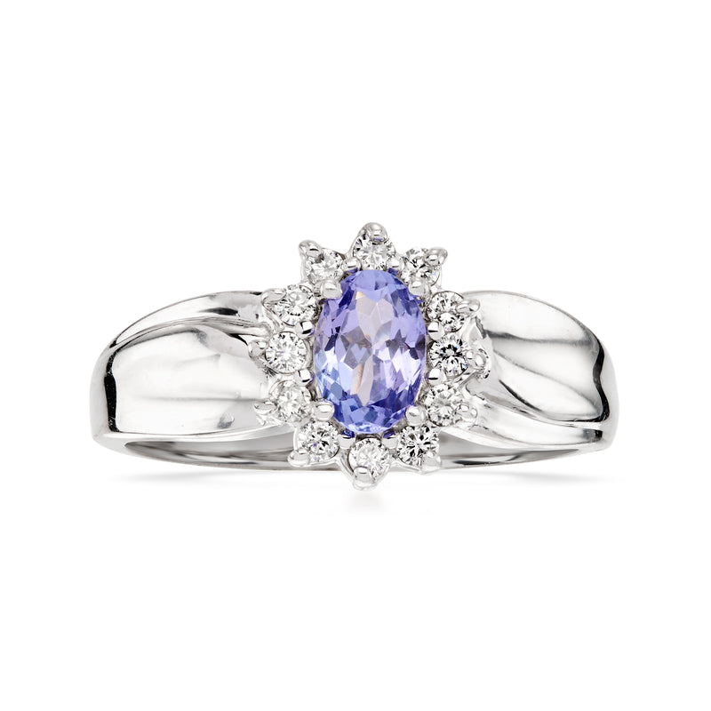 Vintage tanzanite and diamond halo ring in 14kt white gold, oval purple center stone